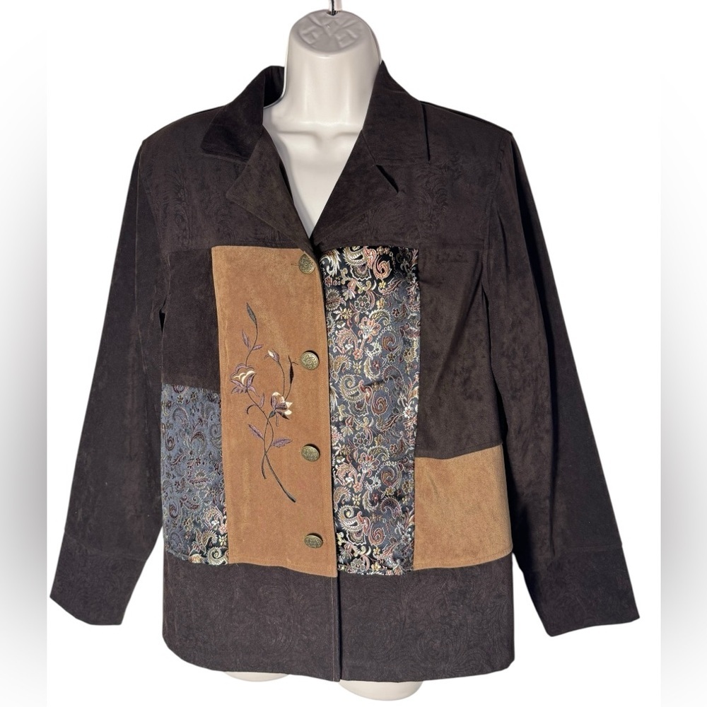 Notations Patchwork Brown Blazer Womens Jacket Si… - image 1